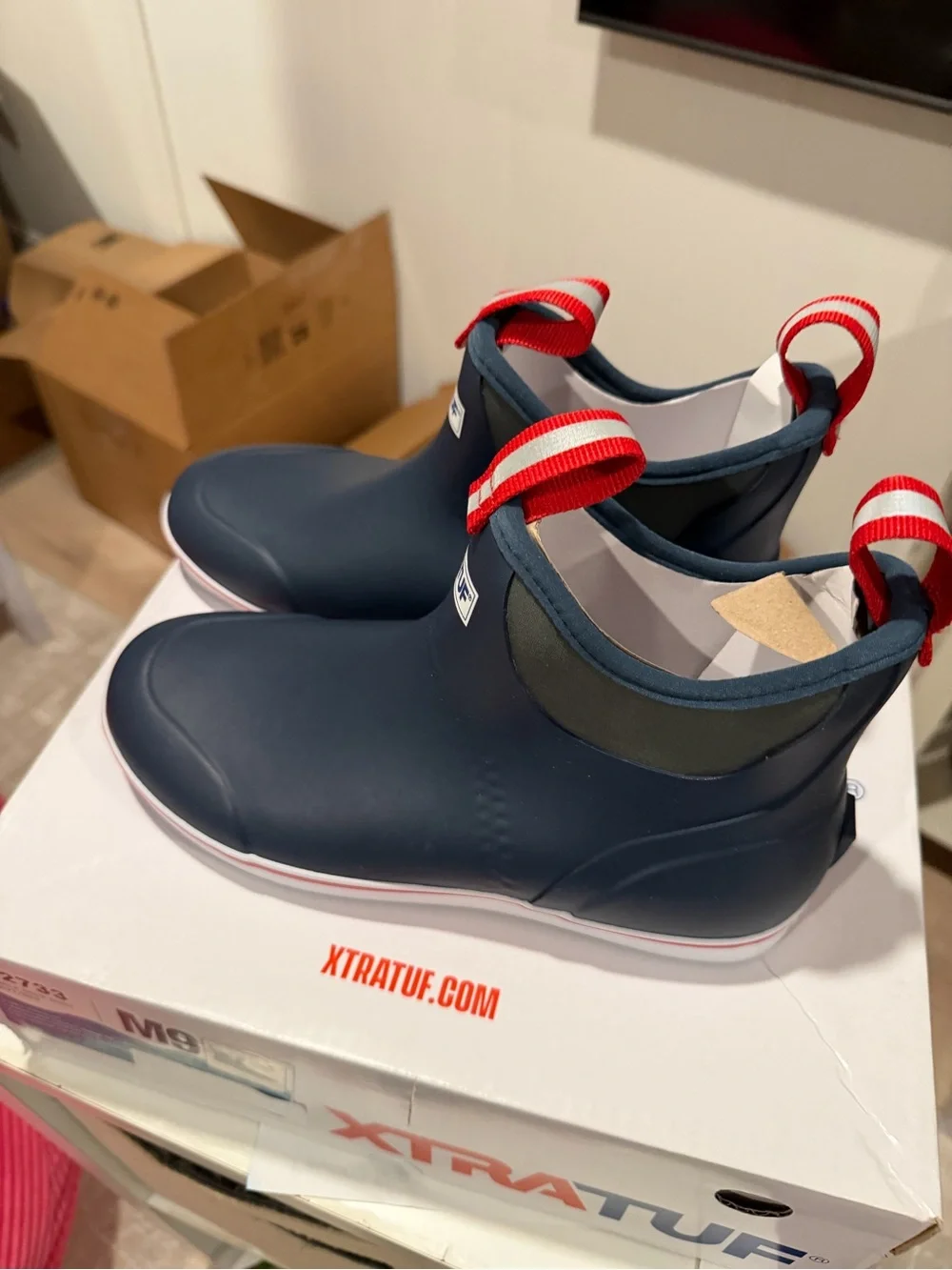 XTRATUF Navy Ankle Rain Boots with Red Pull Tabs